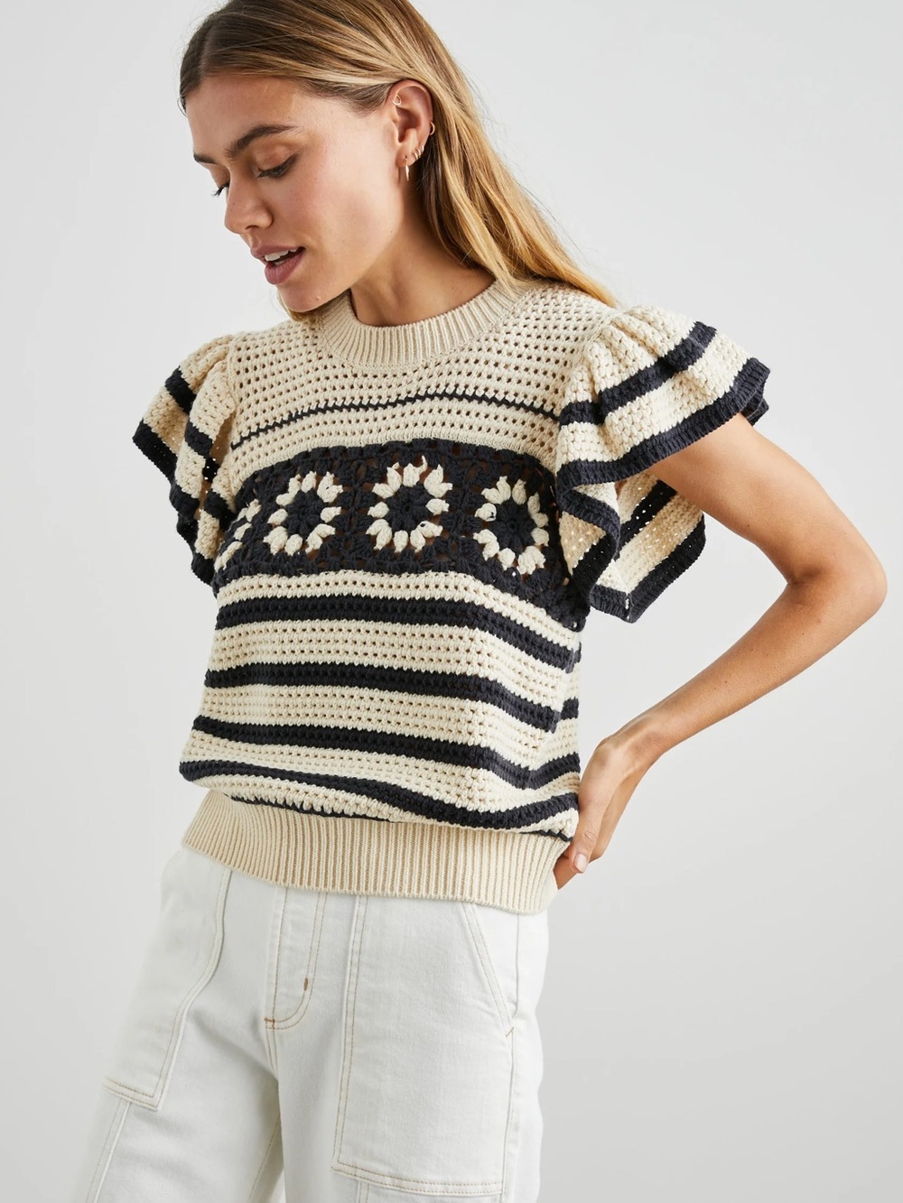 Rails Cream and Black Crochet Flutter-Sleeve Sweater Top